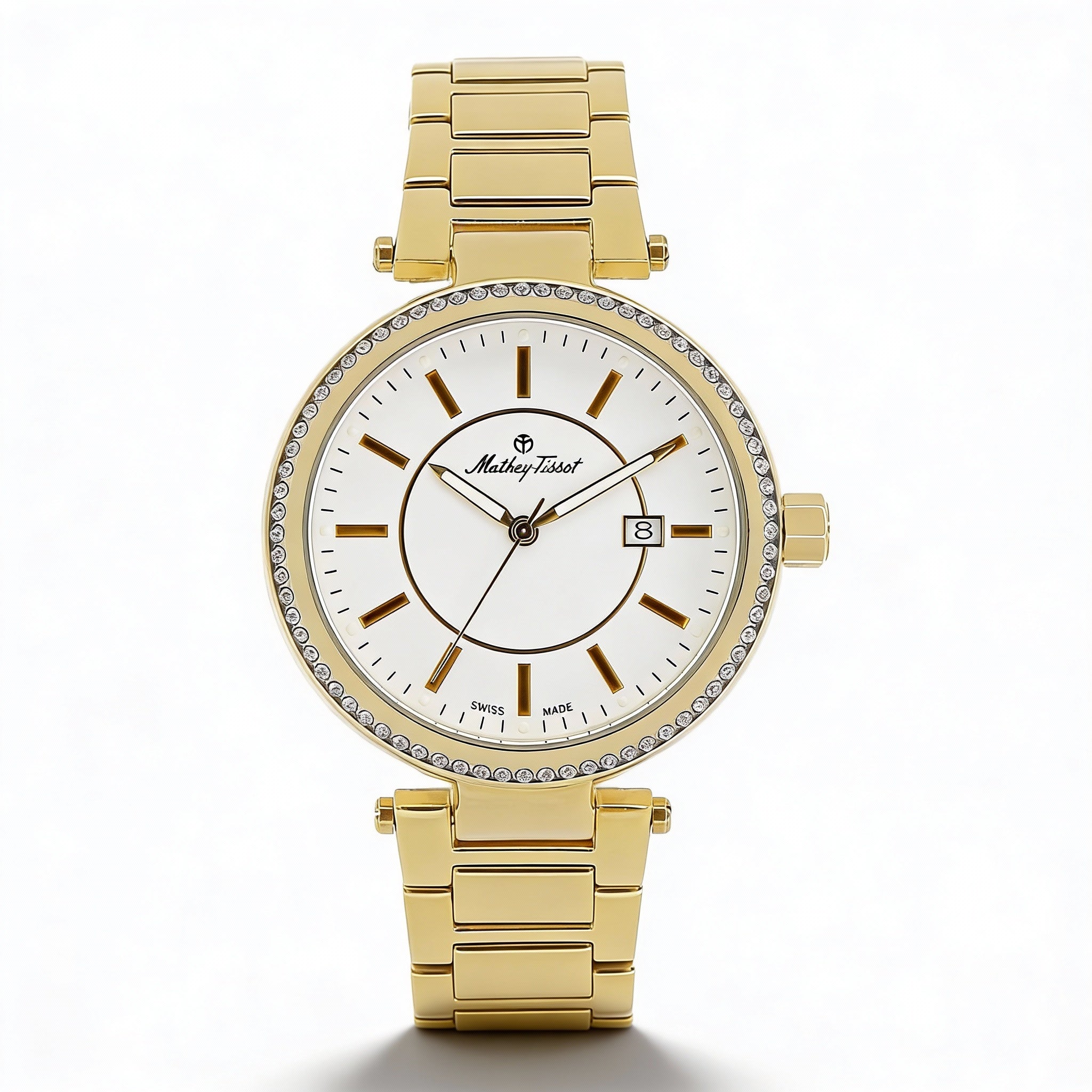 Reloj MATTHEY-TISSOT para mujer con movimiento de cuarzo, caja y pulsera de acero inoxidable, esfera blanca, resistente al agua, Photo 1