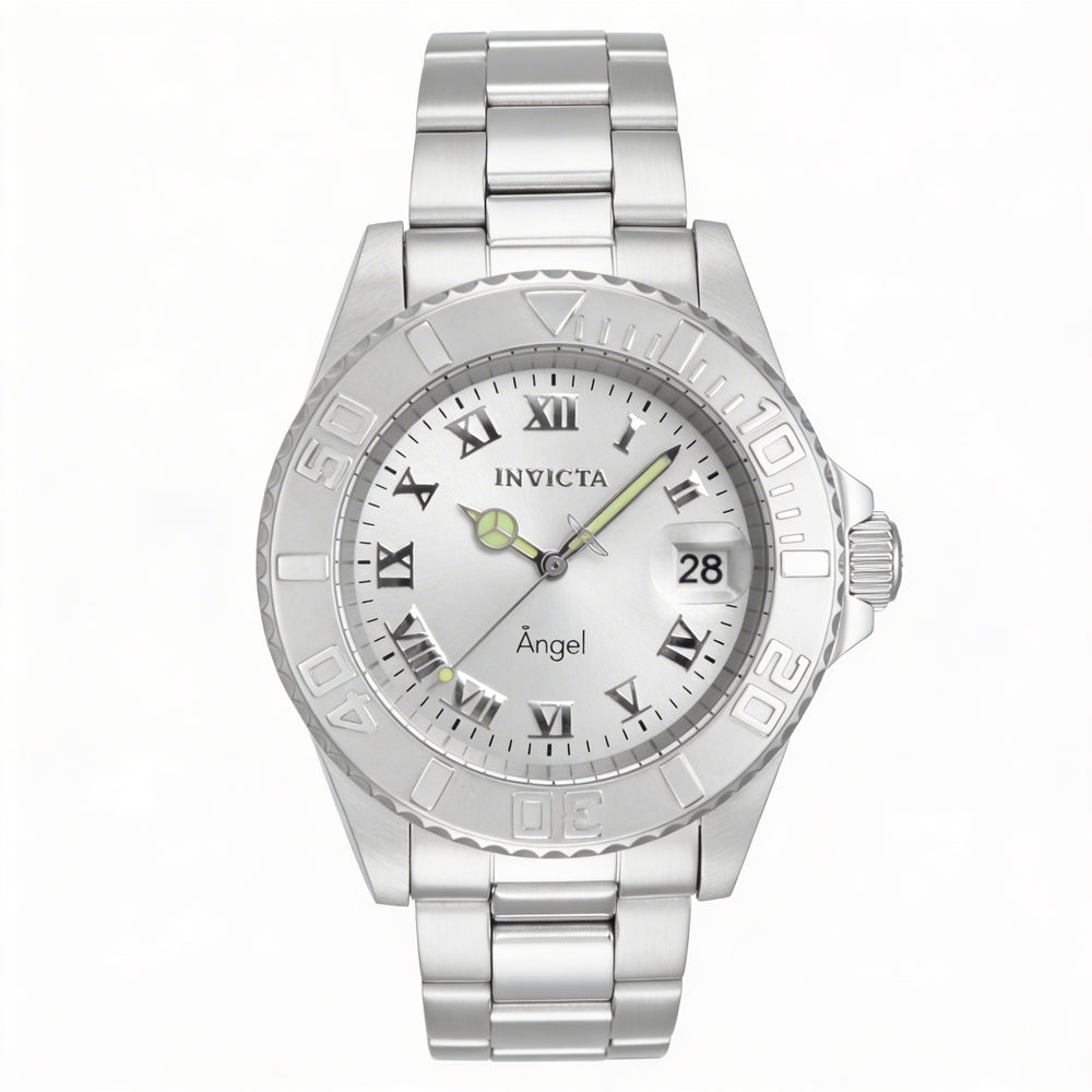 Reloj Invicta para mujer, de acero inoxidable, esfera plateada, cuarzo, resistente al agua hasta 20 bares, con brillantina en la oscuridad y marcas en el bisel.