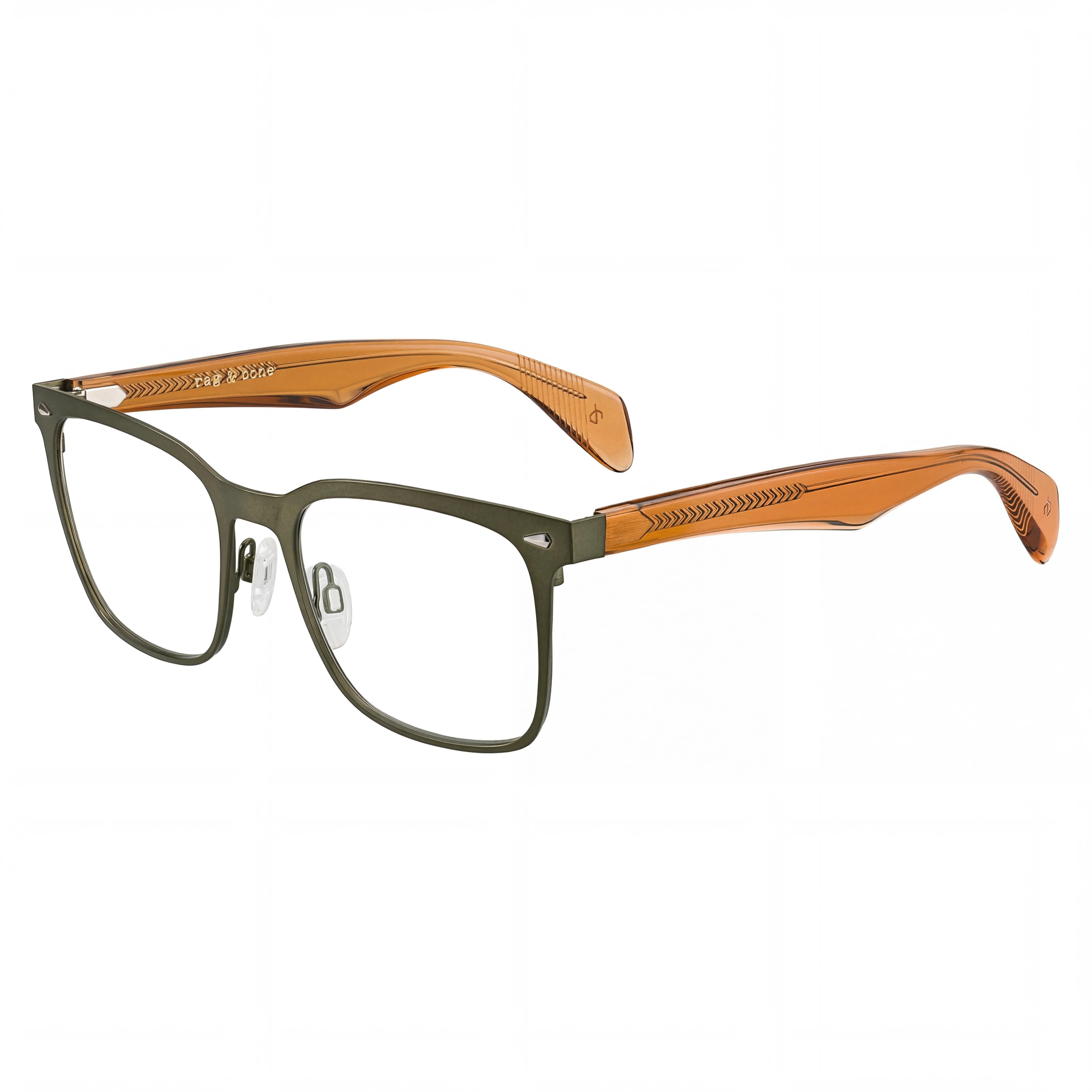 Armazones de metal para gafas de receta Rag & Bone Rnb 7002 para hombres, color café oliva oscuro, con lentes de 54 mm, puente de 19 mm, patillas de 145 mm, Photo 1