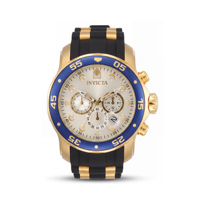 Invicta Pro Diver Reloj de buceo cronógrafo para hombre, de acero inoxidable tono dorado con caucho negro y bisel azul, 48 mm