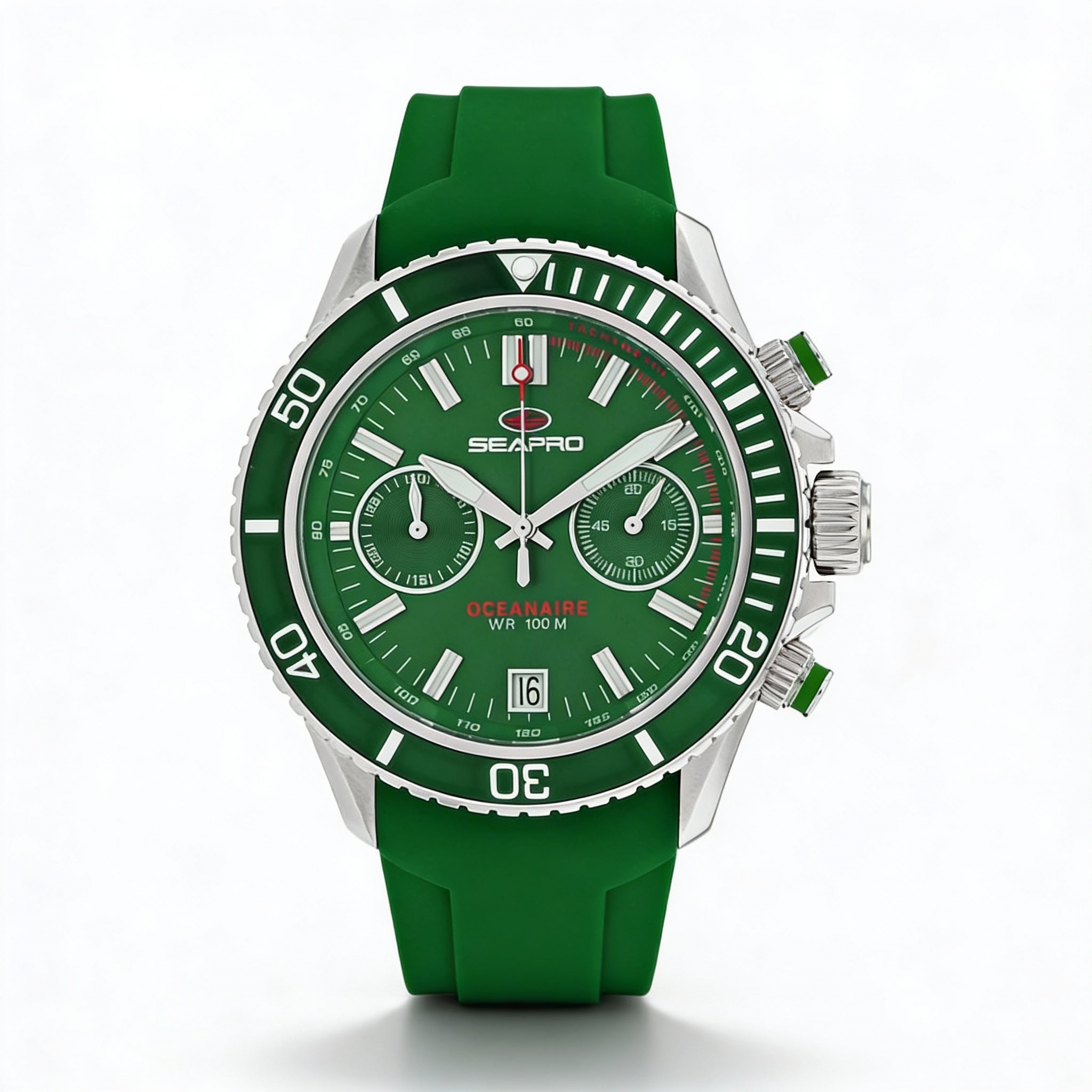 Seapro Modern Men's Green Dial Stainless Steel Case Silicone Strap Water Resistant Quartz Movement Mineral Crystal Watch, Photo 1