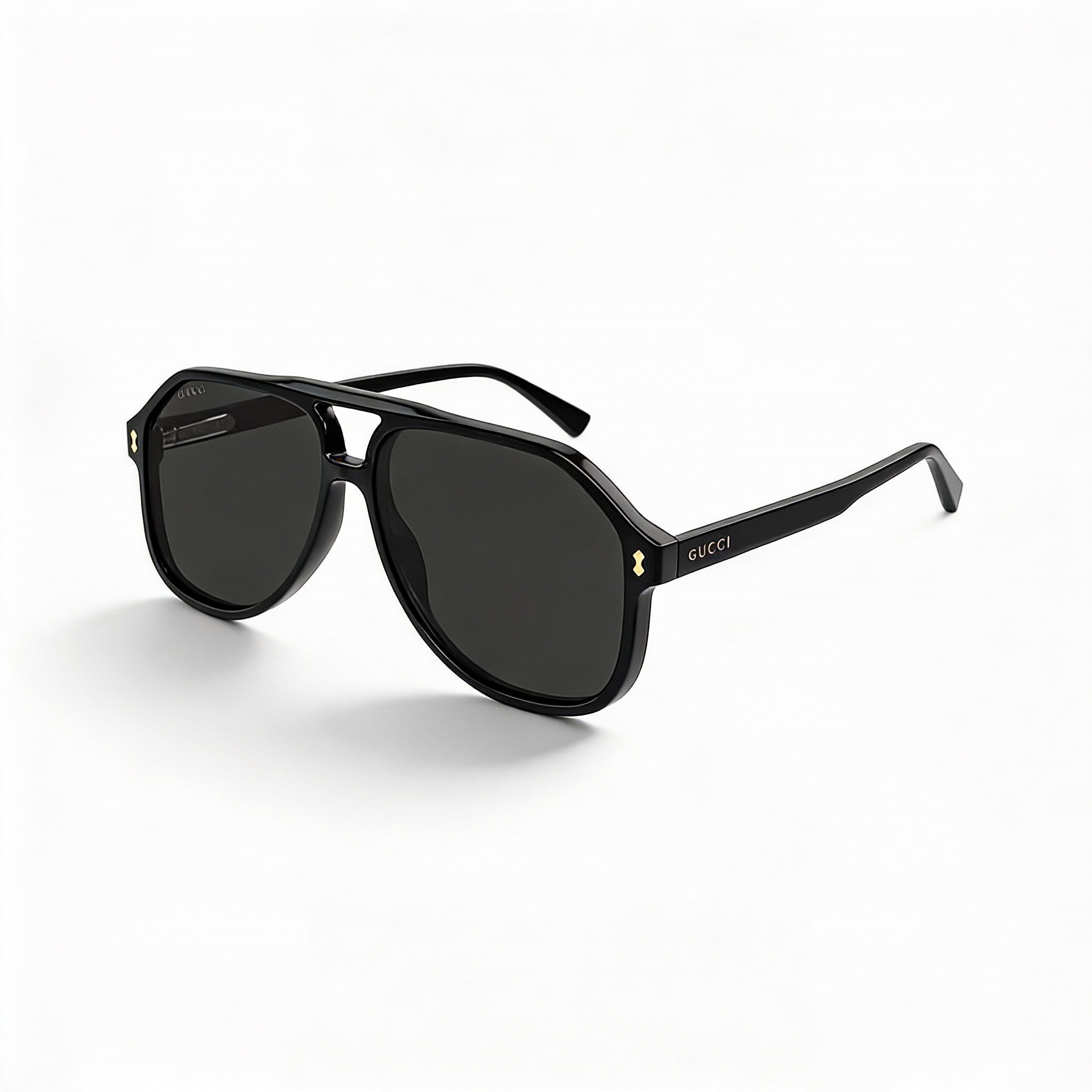 Gucci GG1042S Men's Pilot Black Gold Logo Acetate, Grey Non-Polarized UV Protection Sunglasses 60mm