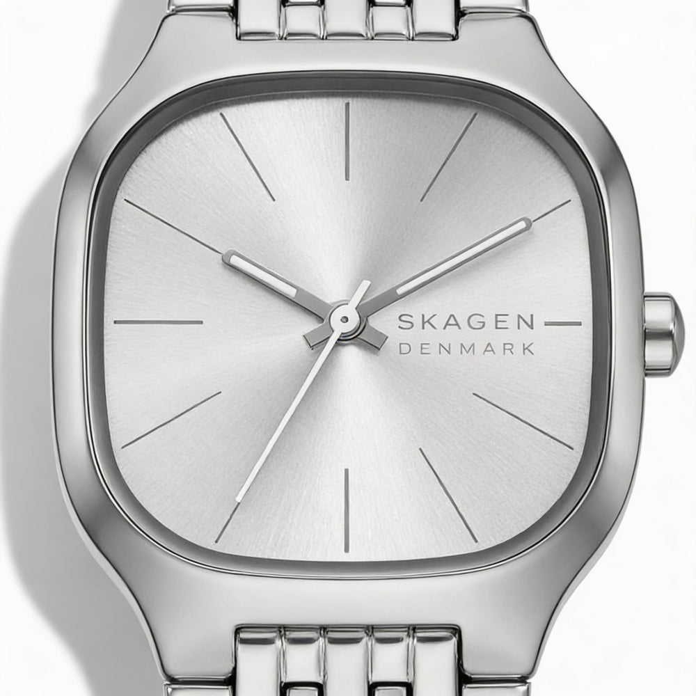 Reloj Skagen Mellem Lille para mujer, de acero inoxidable plateado, resistente a los arañazos, con esfera dorada con efecto rayos de sol y caja de 28 mm.