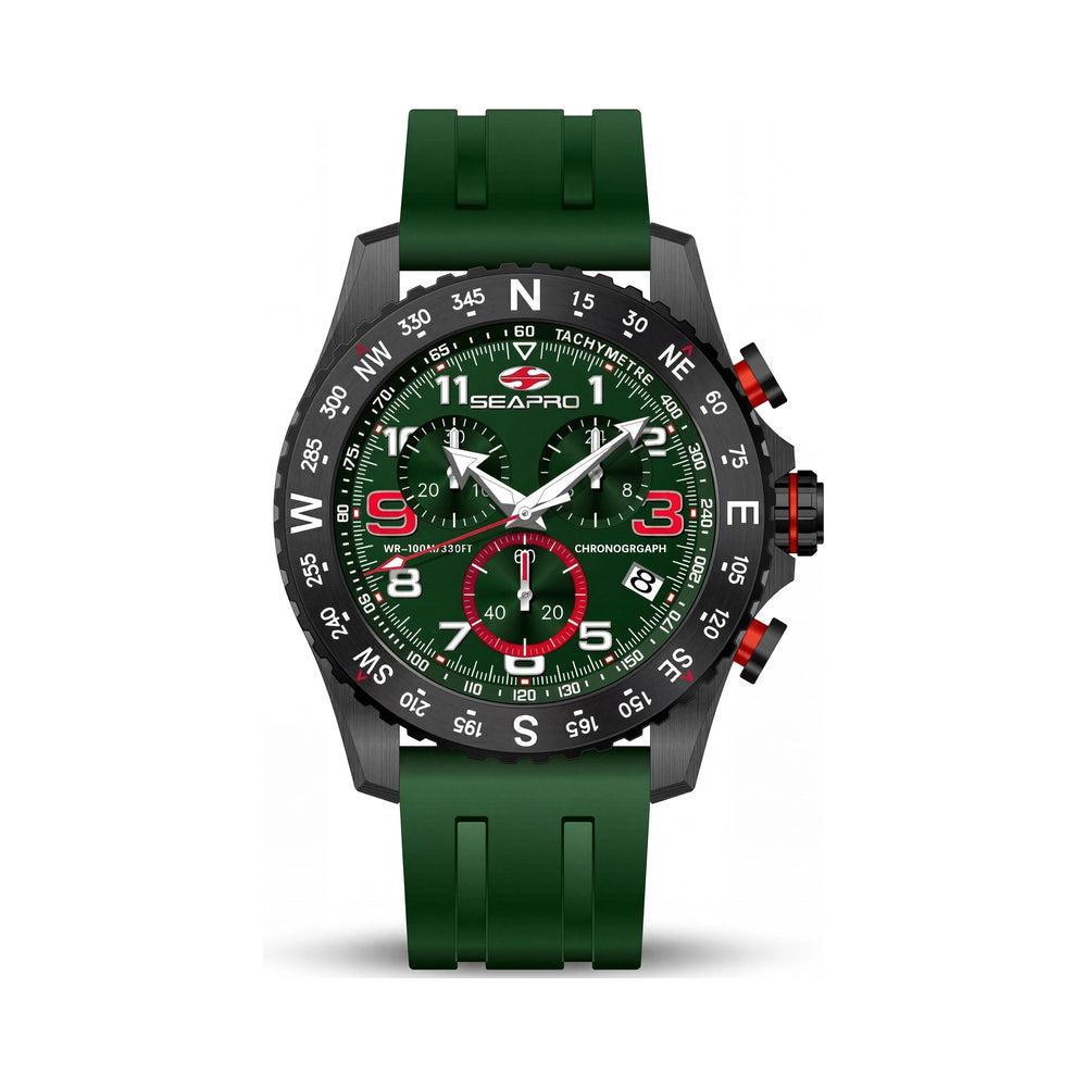 Reloj cronógrafo de cuarzo Seapro para hombre, esfera verde, caja de acero inoxidable, correa de caucho, cristal mineral resistente a arañazos.