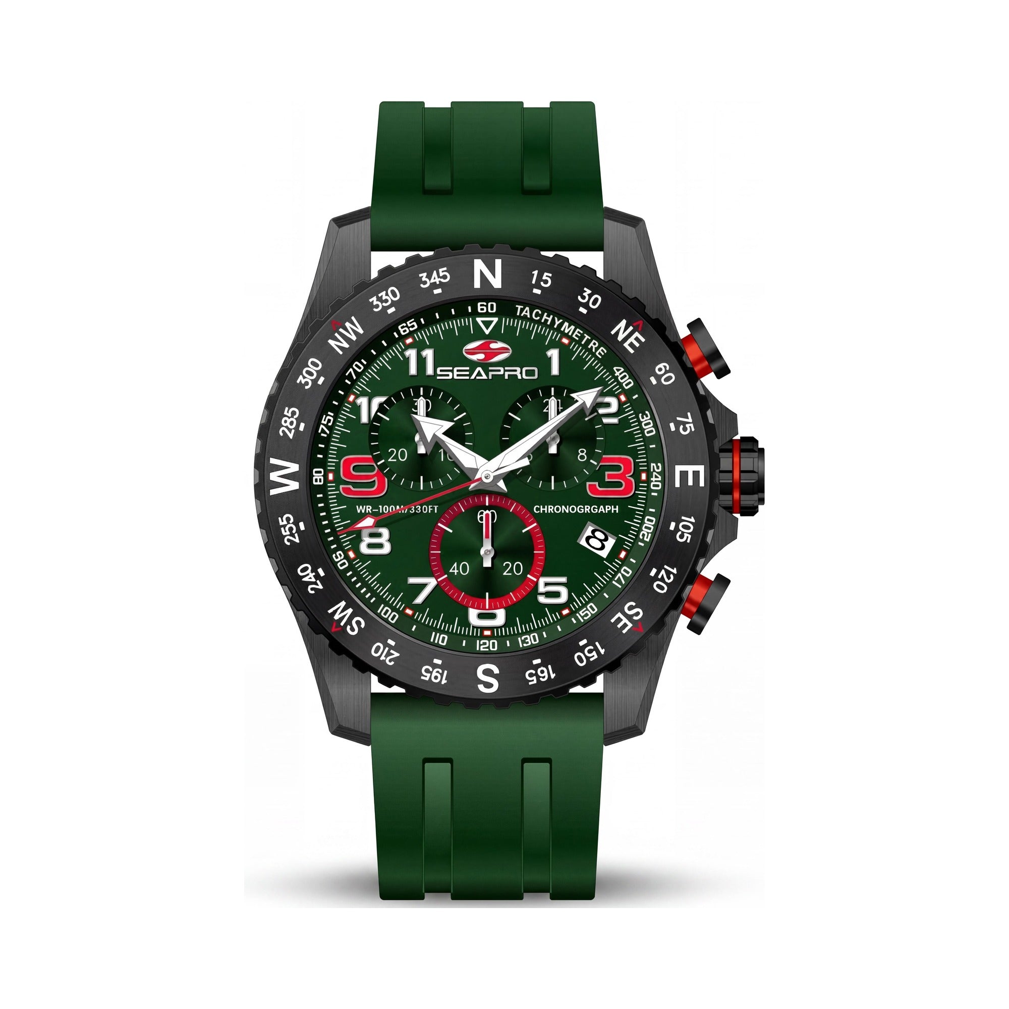 Seapro Men's Quartz Chronograph Watch, Green Dial, Stainless Steel Case, Rubber Strap, Scratch-Resistant Mineral Crystal, Photo 1