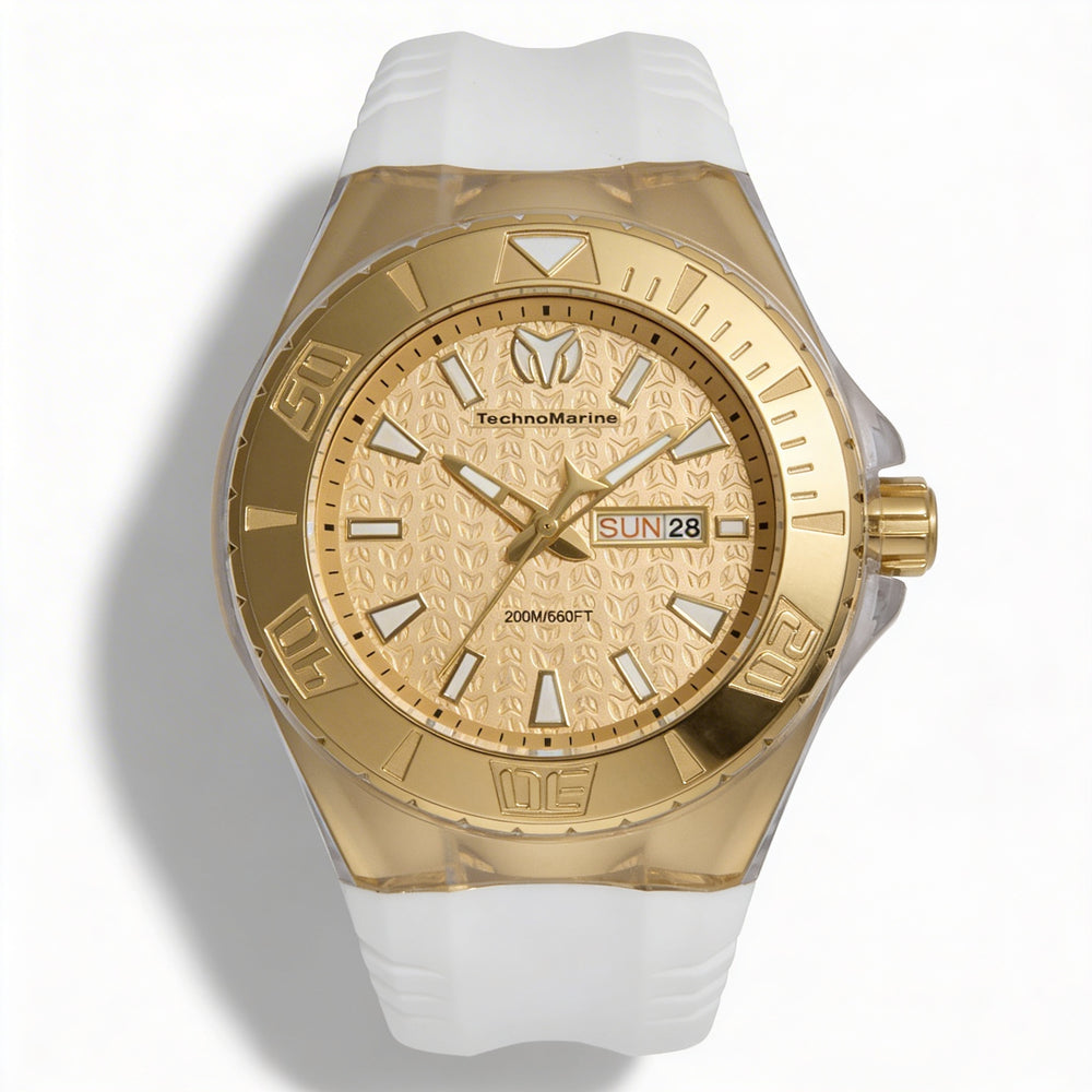 Technomarine Cruise TM-122014 Reloj unisex de cuarzo de acero inoxidable con esfera dorada y correa de silicona de 48 mm