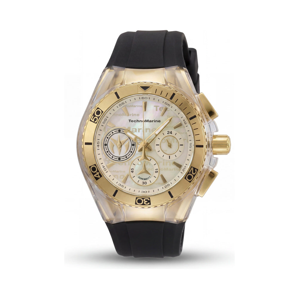 Reloj de buceo de cuarzo TechnoMarine para mujer con caja dorada y correa negra de 40,57 mm