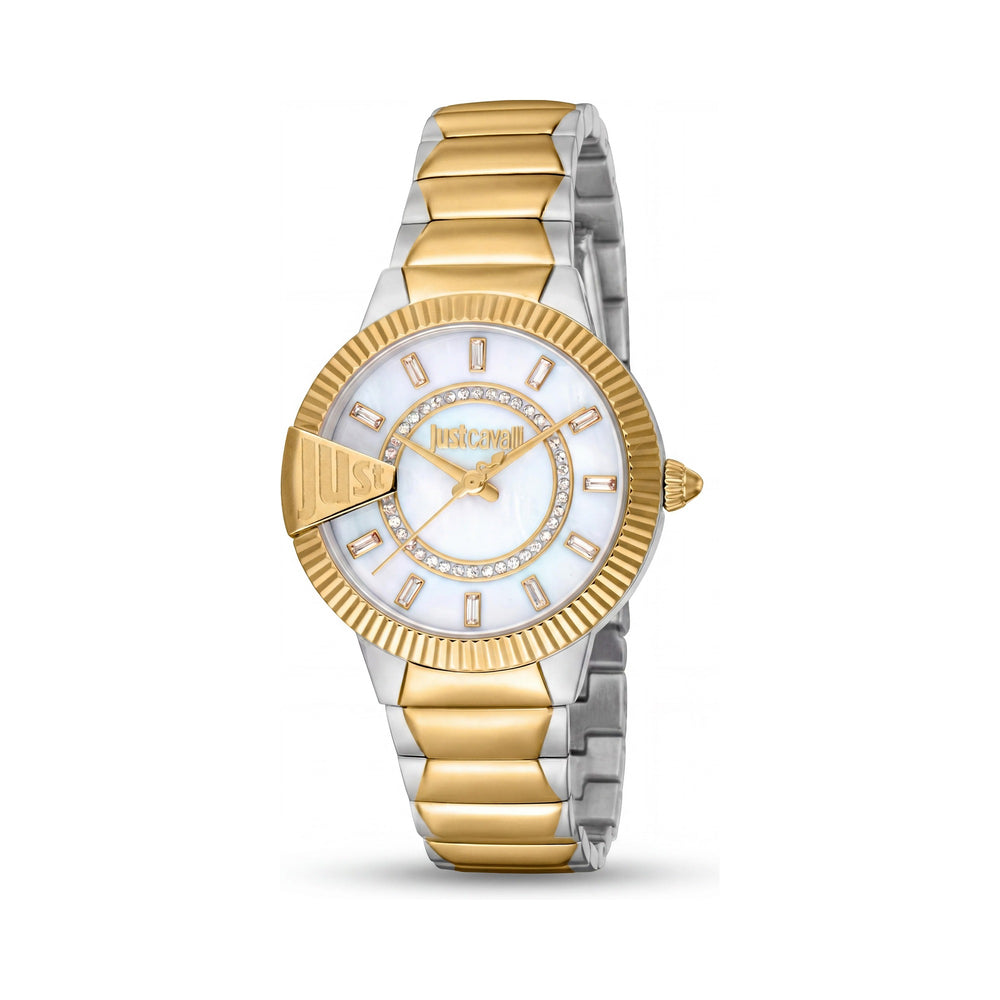 Reloj Just Cavalli para mujer, de acero inoxidable, con pulsera bicolor, dorado y plateado, esfera blanca y resistente al agua hasta 50 m.