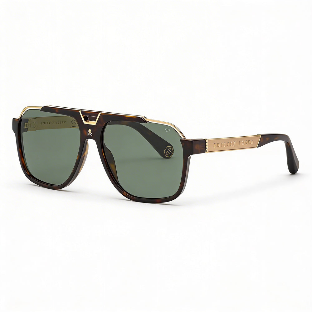 Philipp Plein Spp046v Men's Acetate Dark Havana Sunglasses with Green Nylon Bio Based UV Lenses 61mm