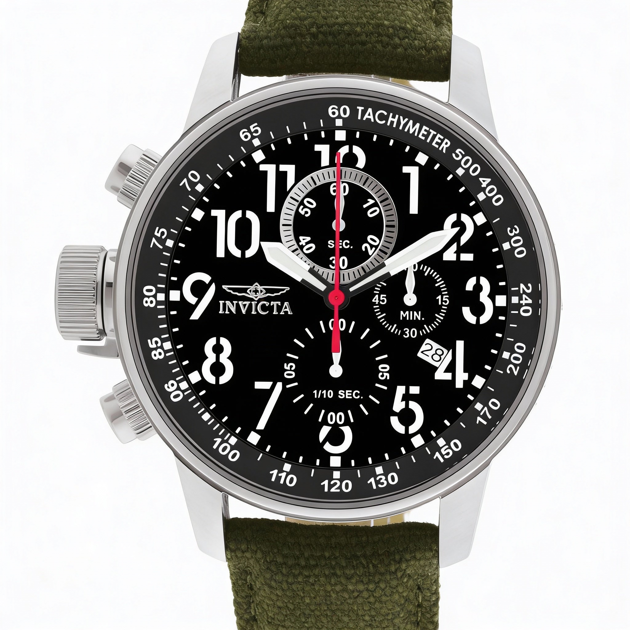 Invicta Chronograph Unisex Black Dial Stainless Steel Case Olive Fabric Strap Watch 46mm, Photo 1