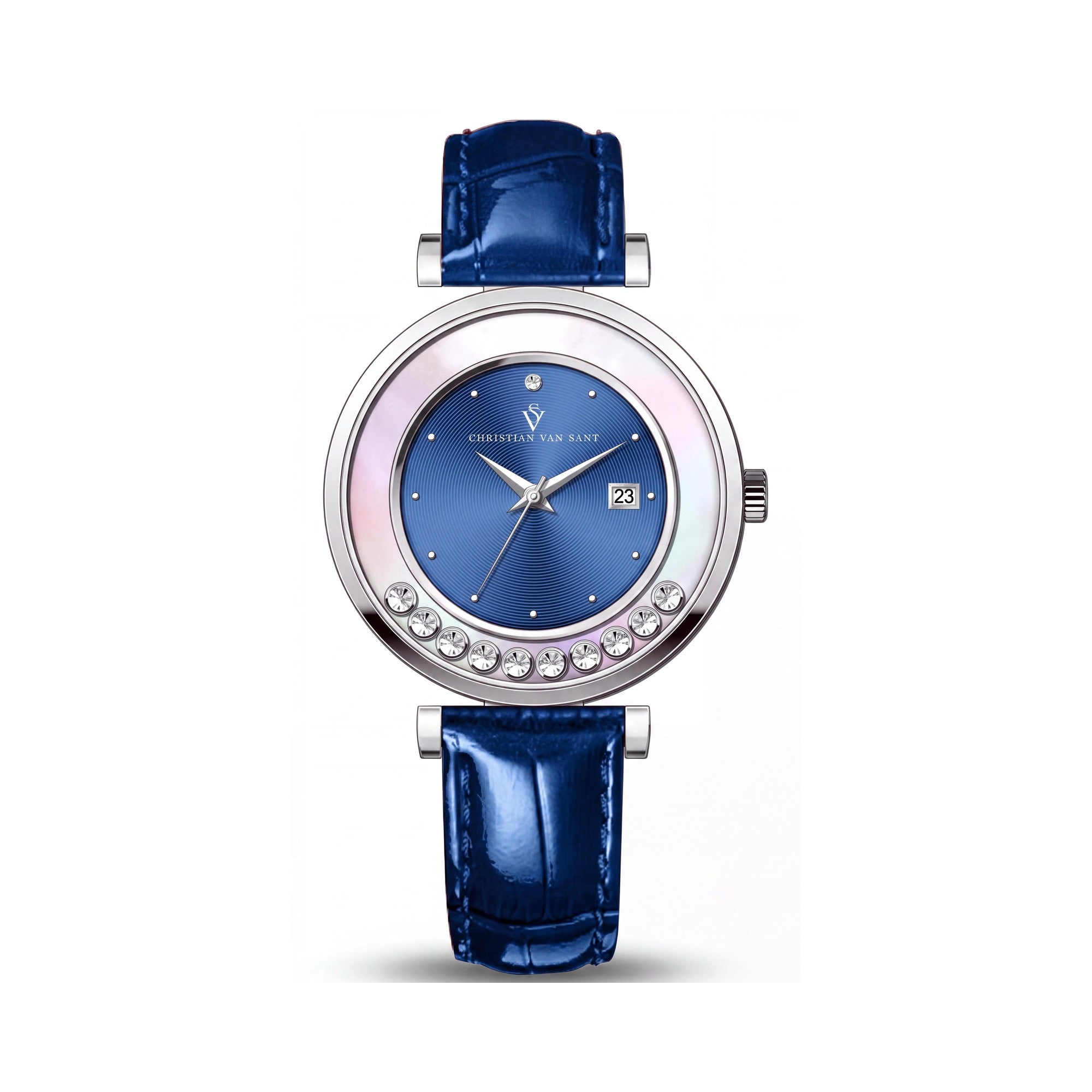Christian Van Sant CV3812 Modern Women's Blue Dial Stainless Steel Leather Strap Water Resistant Quartz Watch, Photo 1