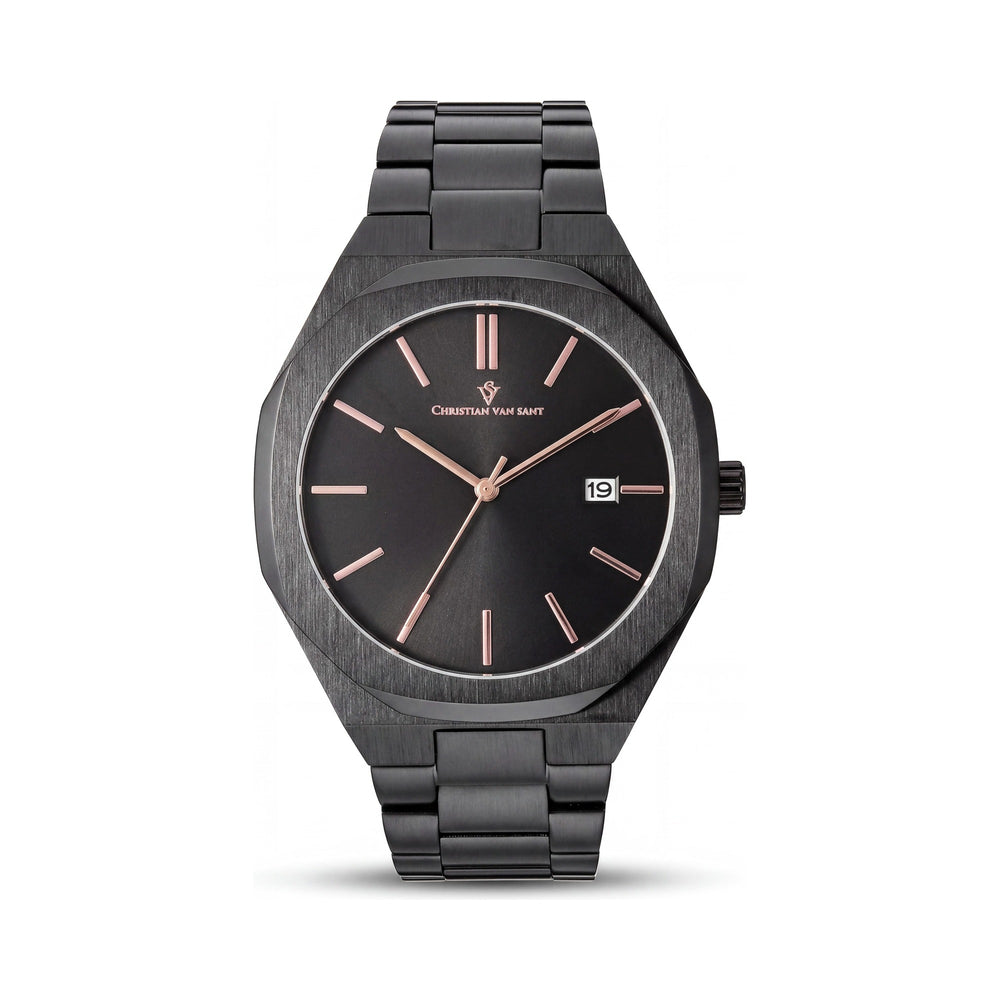 Christian Van Sant CV0525 Octavius Slim, reloj de cuarzo para hombre con esfera negra, caja y correa de acero inoxidable y fecha