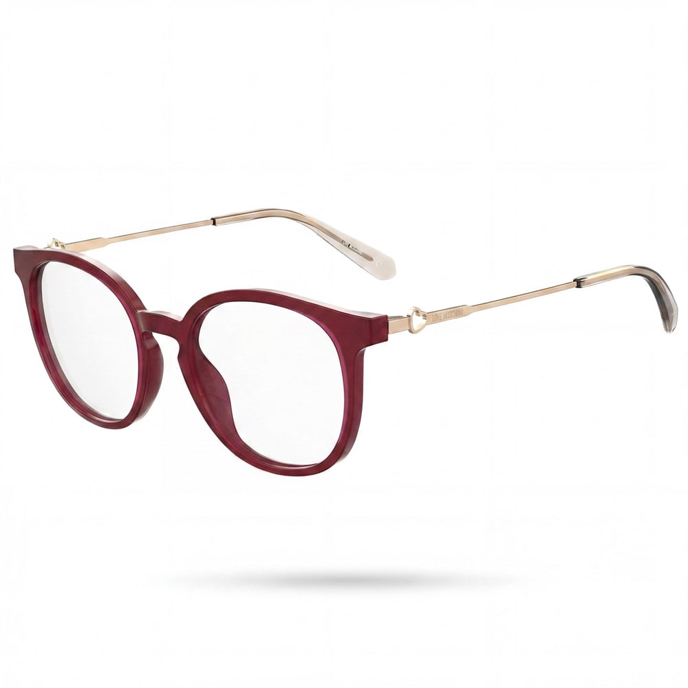 Gafas Love Moschino Modern para mujer con montura de acetato rojo, lentes de 49 mm, puente de 18 mm y patillas de 135 mm.