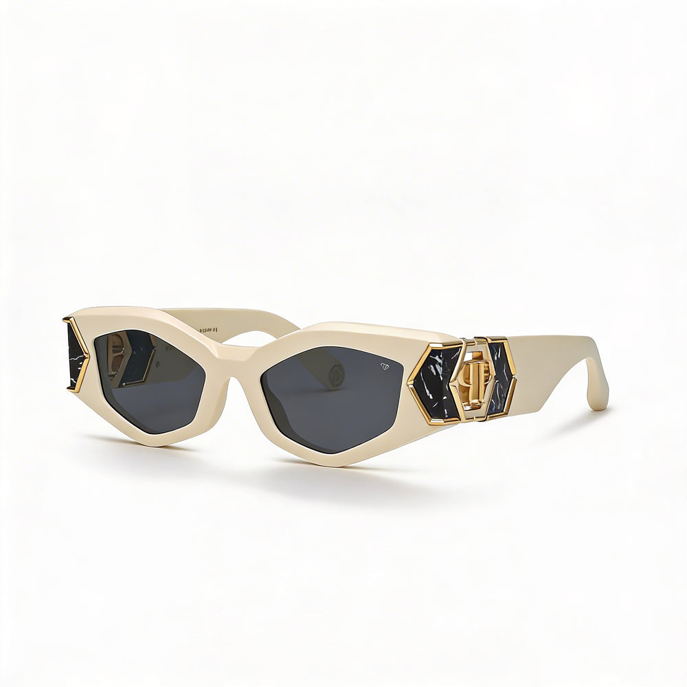 Philipp Plein Spp136m Unisex Acetate Frame Sunglasses with Beige Frame and Smoke Lenses, 52mm Lens Width