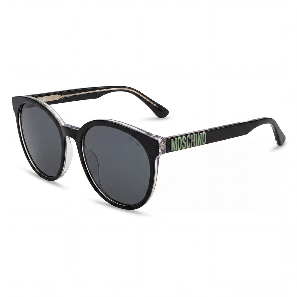 Gafas de sol Moschino Casual para mujer, de acetato negro con cristales, lentes grises y protección UV, 58 mm
