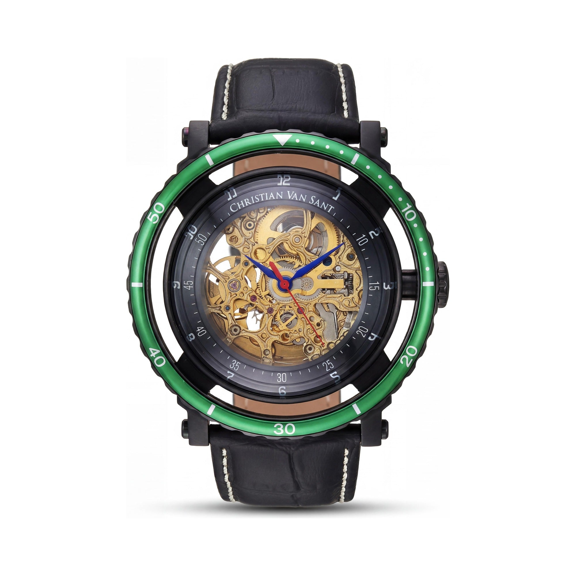 Reloj Christian Van Sant informal de acero inoxidable negro para hombre, esfera esqueleto dorada, cronómetro, regla de cálculo, caja de 45 mm, Photo 1