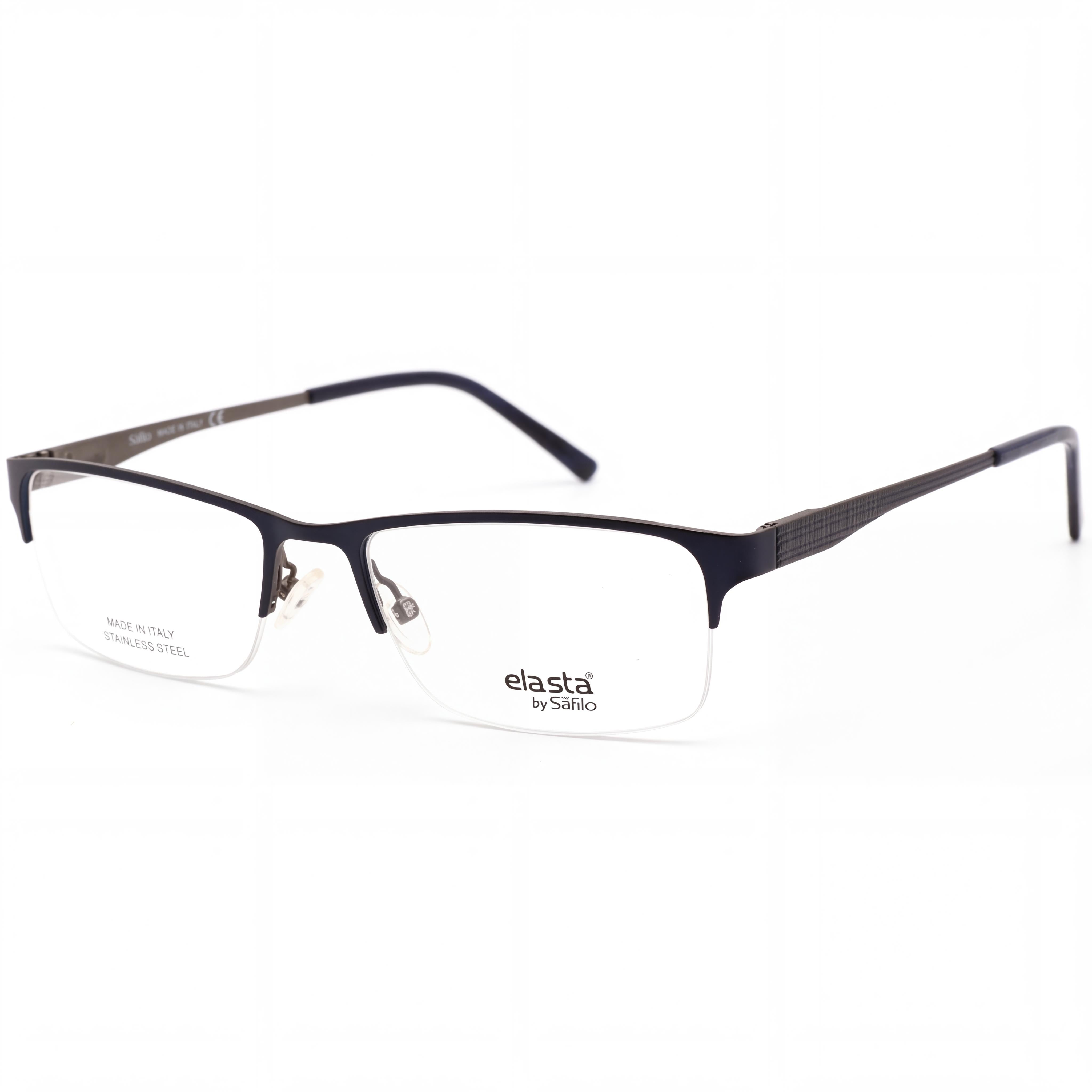 Gafas rectangulares de hombre ELASTA 3099 con montura metálica azul y lentes de policarbonato azul marino mate, tamaño 58-18-150, Photo 1