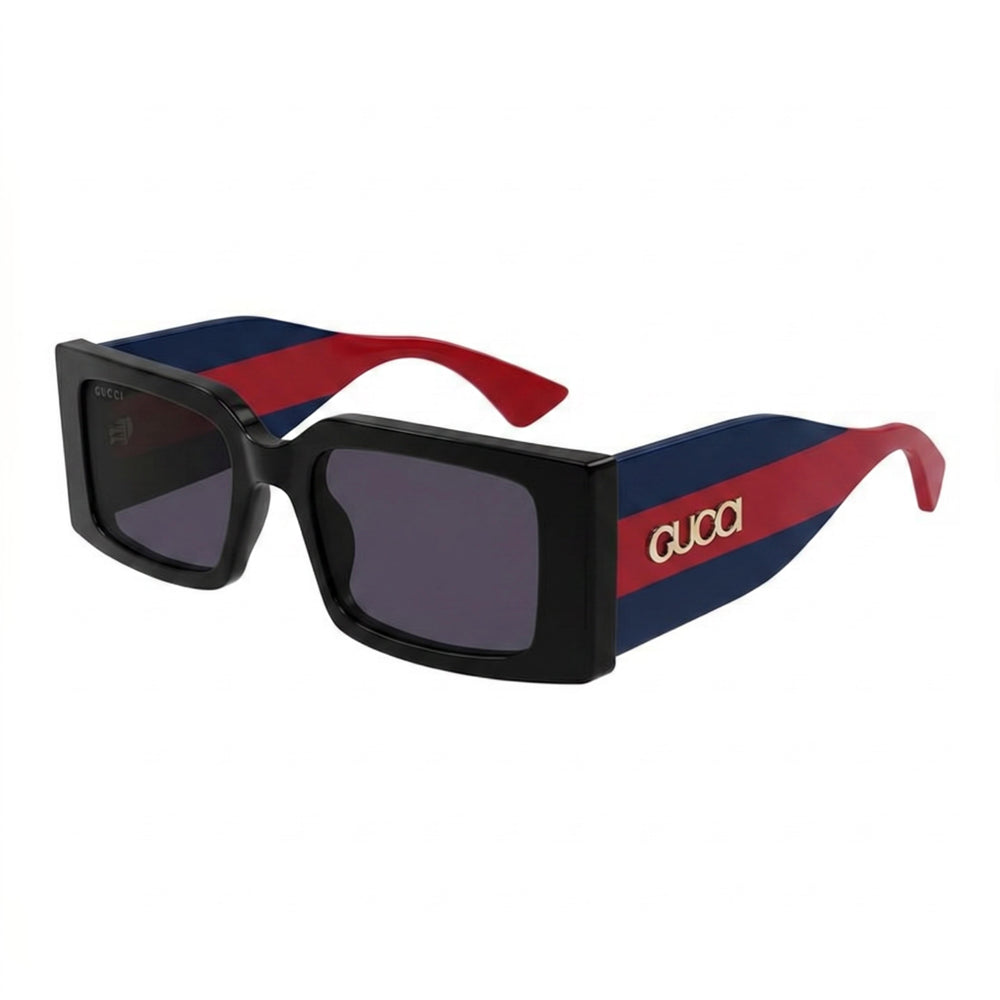 Gafas de sol rectangulares modernas Gucci para mujer con montura de plástico negra, azul y roja, lentes violetas de 52 mm