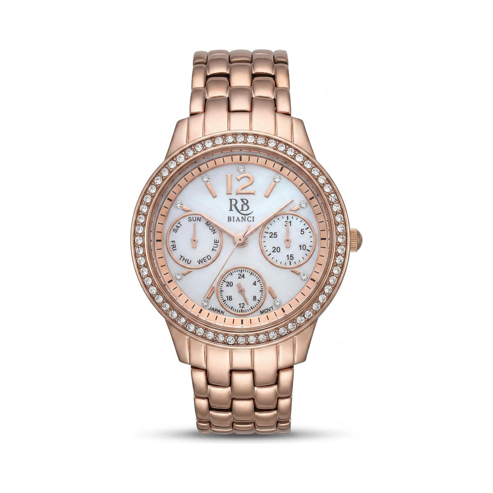 Reloj multfunción Roberto Bianci Valentini para mujer con caja rosa, esfera de nácar blanco y detalles de cristal