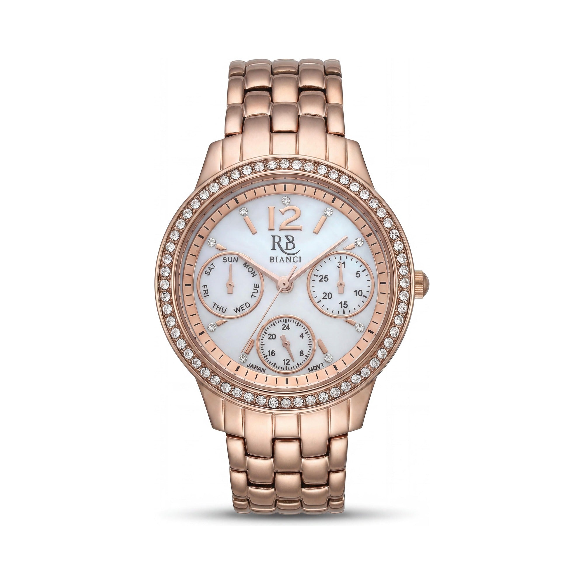 Reloj multfunción Roberto Bianci Valentini para mujer con caja rosa, esfera de nácar blanco y detalles de cristal, Photo 1