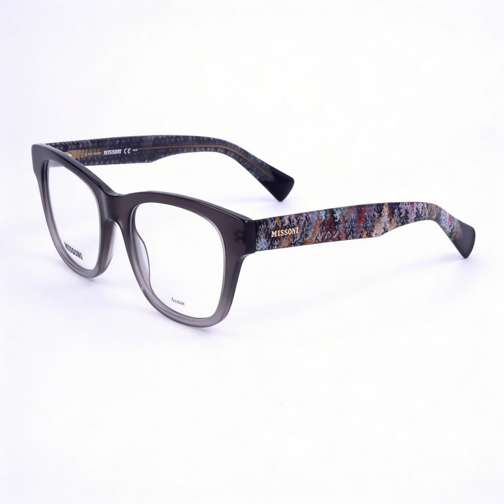 Gafas Missoni Modern para mujer con montura de acetato gris, lentes de 50 mm de ancho, puente de 19 mm y patillas de 140 mm.