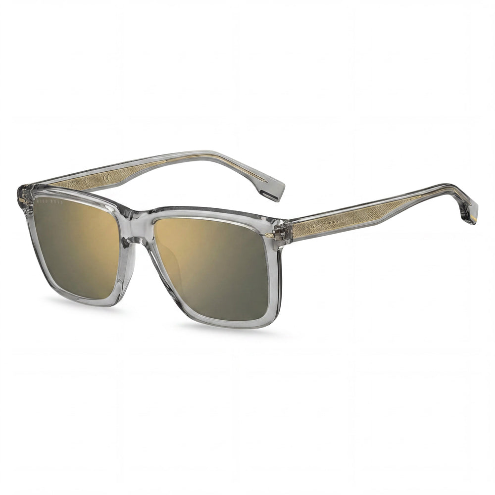 Gafas de sol Hugo Boss Classic para hombre, cuadradas, de acetato gris transparente con montura completa y lentes de espejo verde dorado de 55 mm