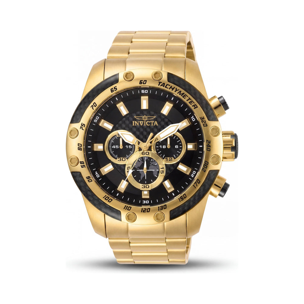 Invicta 28658 Reloj de cuarzo Speedway para hombre, 50 mm, esfera negra, acero inoxidable tono dorado, resistente al agua, luminoso