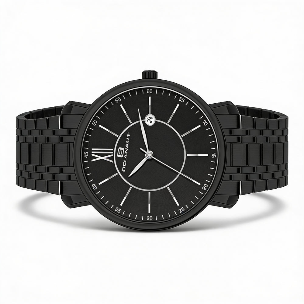 Reloj Oceanaut para hombre con esfera negra, caja y pulsera de acero inoxidable, movimiento de cuarzo, resistente al agua.