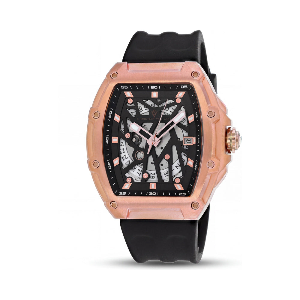 Christian Van Sant Men's Automatic Watch, Black Dial, Stainless Steel Case, Rubber Strap, Scratch Resistant, Water Resistant