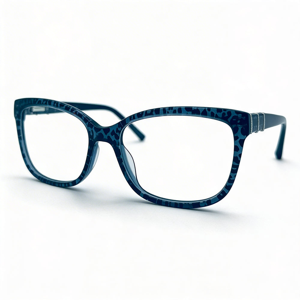 Jones New York Rectangle Fashion Men's Blue Leopard Plastic Optical Frame with Clear Demo Lenses 54-17-140