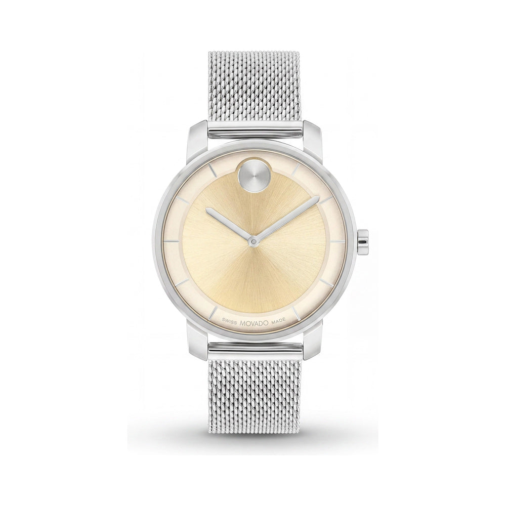 Reloj Movado Bold Access para mujer con pulsera de malla de acero inoxidable plateada, esfera dorada y segundero.