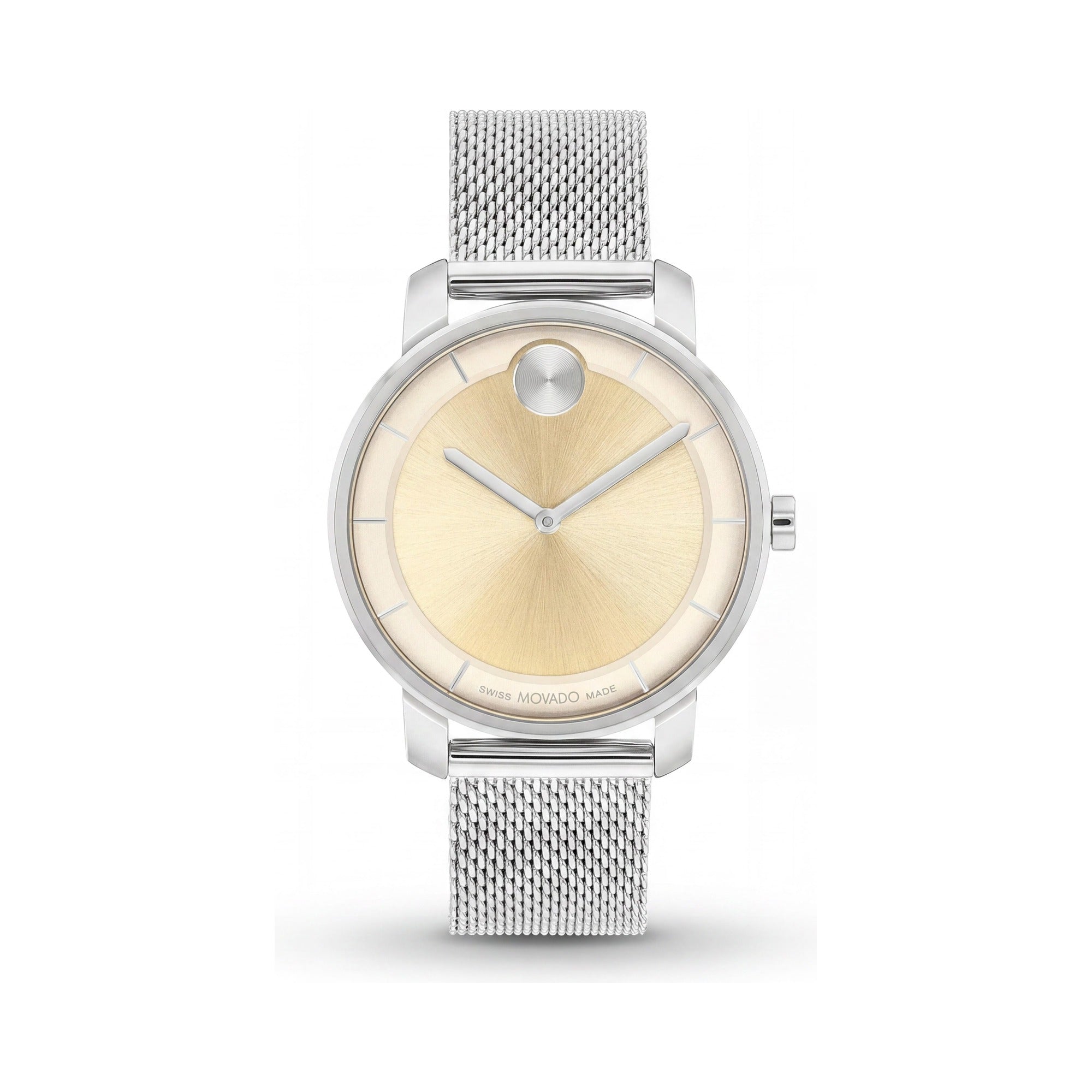 Reloj Movado Bold Access para mujer con pulsera de malla de acero inoxidable plateada, esfera dorada y segundero., Photo 1
