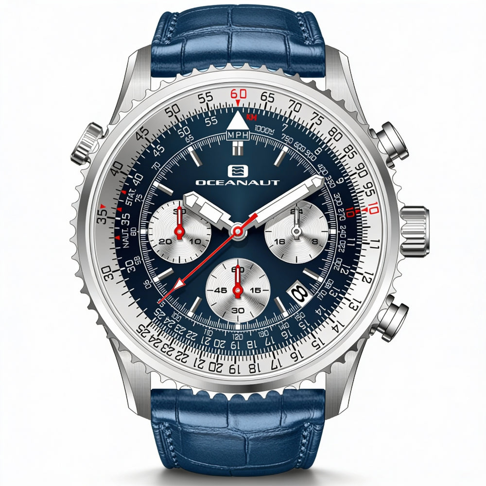 Reloj cronógrafo Oceanaut Classic para hombre con esfera azul, caja de acero inoxidable y correa de piel.