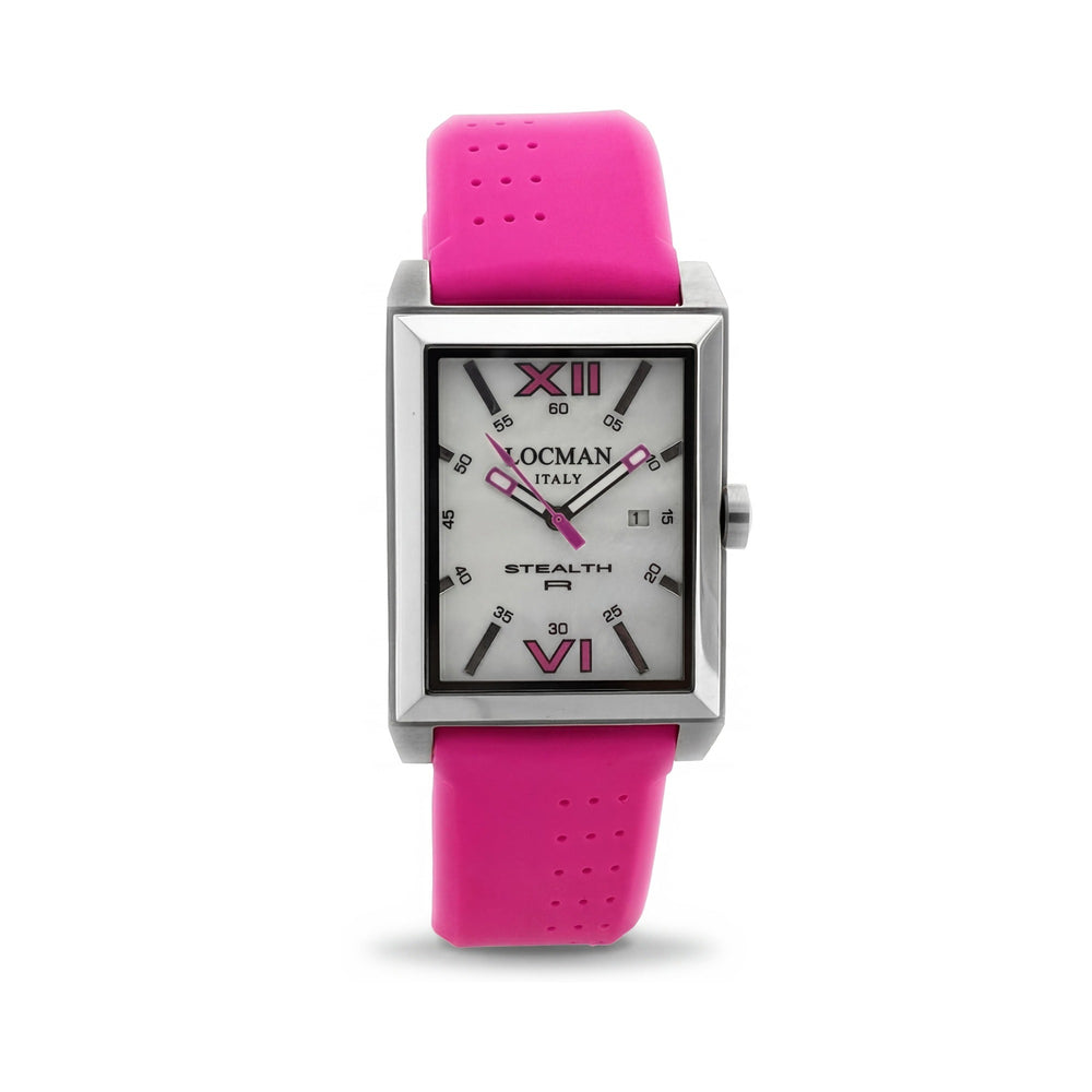 Reloj Locman para hombre con movimiento de cuarzo, acero inoxidable blanco, correa de silicona, esfera de nácar y resistente al agua.
