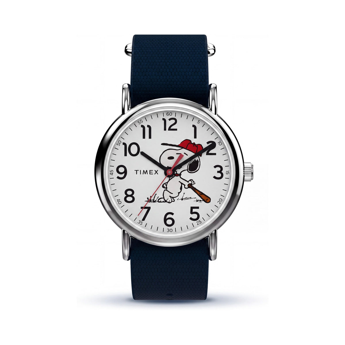 Reloj Timex Casual Sport con tema de Snoopy de Peanuts para hombre con correa azul deslizable, caja plateada de 38 mm, esfera blanca, Photo 1