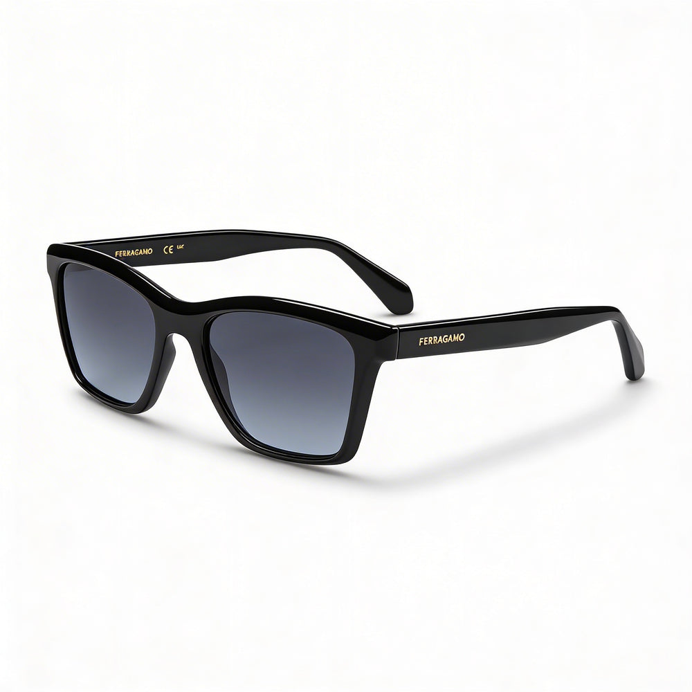 Ferragamo Sf2001s Unisex Sunglasses with Black Acetate Frame and Solid Grey Polycarbonate Lenses 54mm
