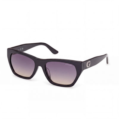 Gafas de sol GUESS GU00203-H01B56 para mujer, estilo clásico, montura de plástico negro brillante, lentes ahumadas degradadas 100% UV no polarizadas, 56-18-140
