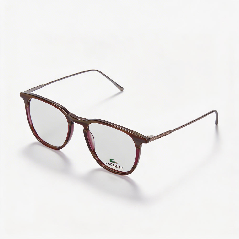 Gafas Lacoste L2828 unisex de acetato con montura a rayas en burdeos y gris, y lentes transparentes 50-19-145