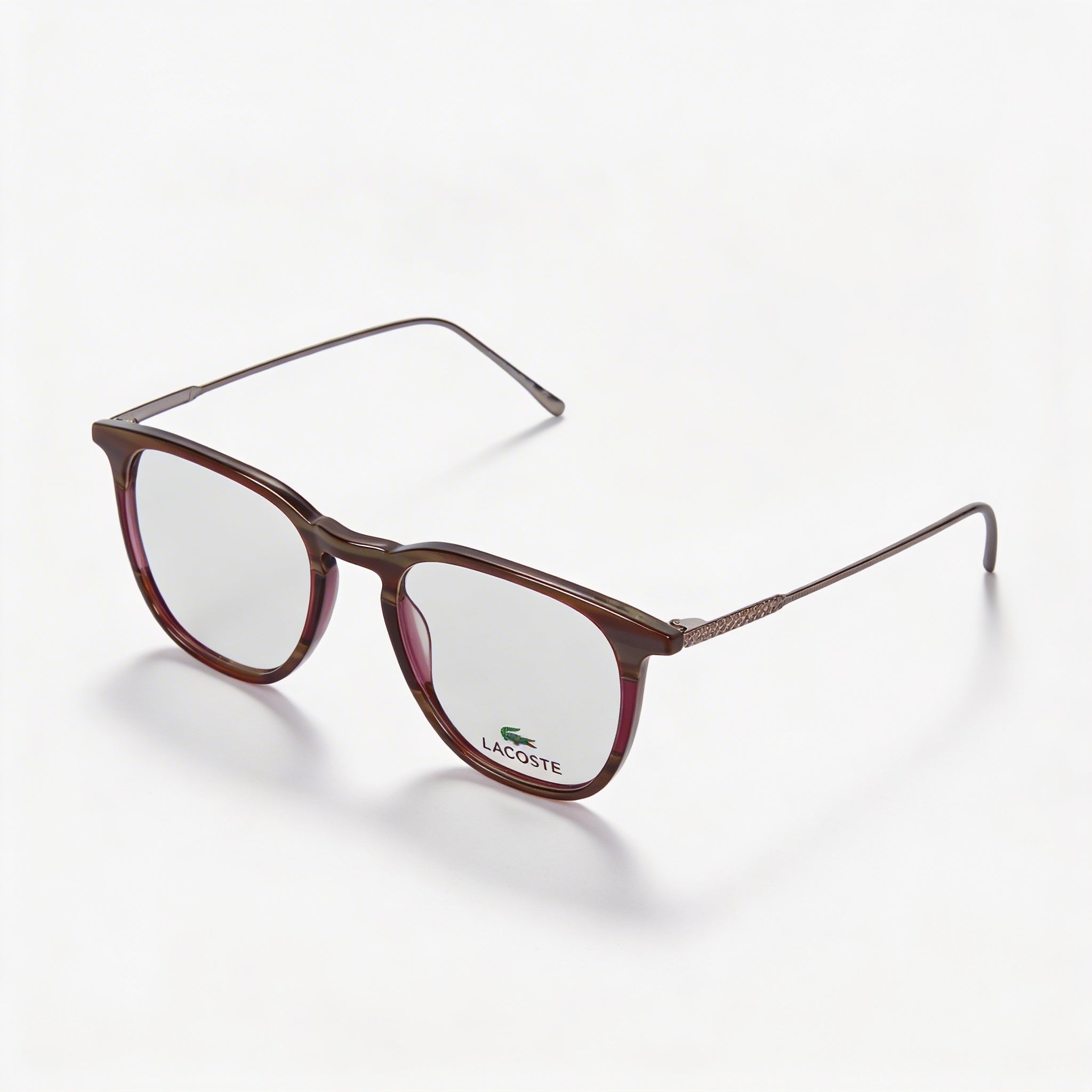 Gafas Lacoste L2828 unisex de acetato con montura a rayas en burdeos y gris, y lentes transparentes 50-19-145, Photo 1