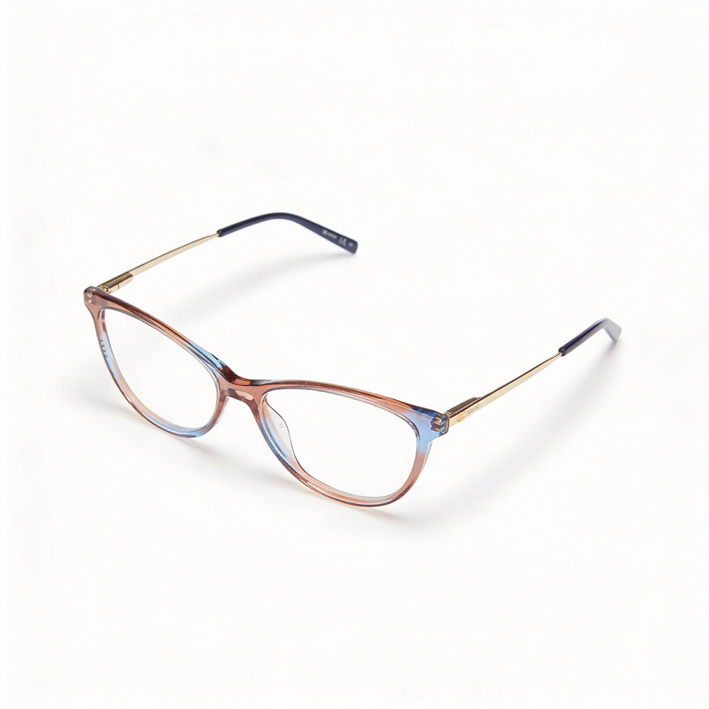 Gafas Missoni para mujer, montura de acetato con purpurina, montura bicolor marrón y azul, lentes de 52 mm de ancho.