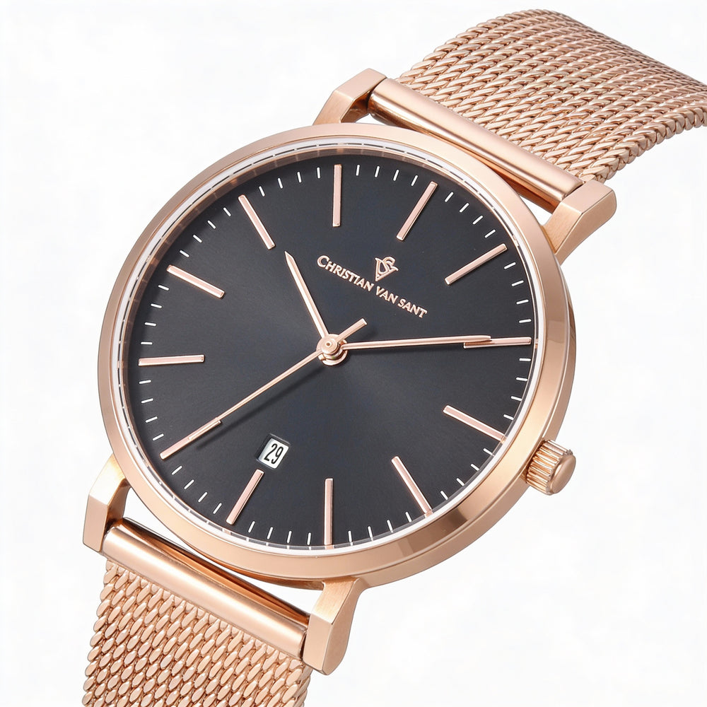 Reloj analógico Christian Van Sant para mujer, con movimiento de cuarzo, acero inoxidable en oro rosa, esfera negra y resistente al agua.