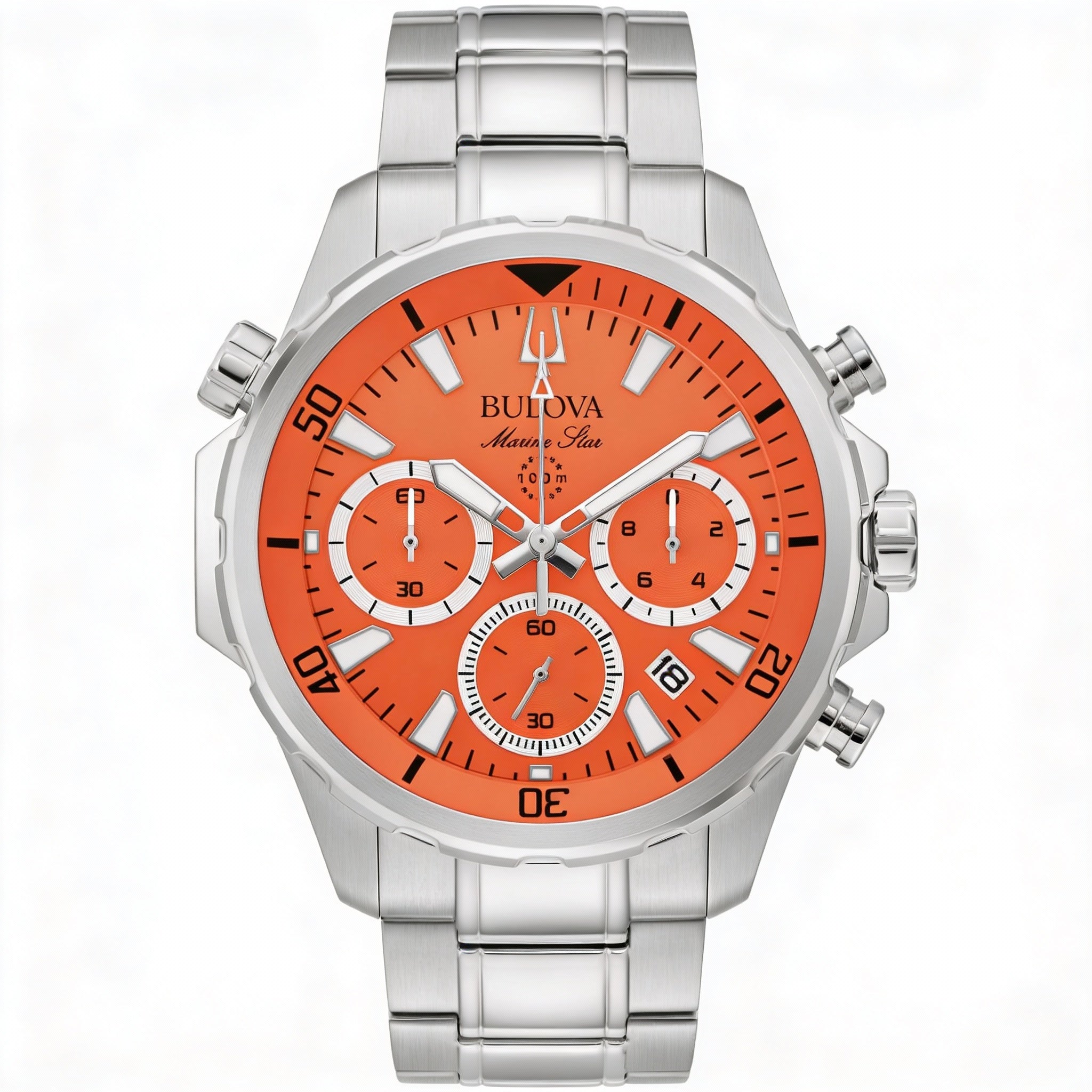 Reloj Bulova Marine Star con cronógrafo unisex, acero inoxidable plateado, esfera naranja, calendario perpetuo, 43,5 mm, Photo 1