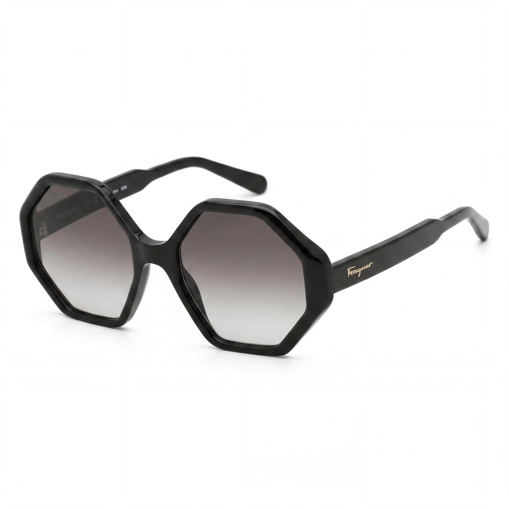 Gafas de sol Salvatore Ferragamo SF1070S para mujer, de acetato negro, con montura hexagonal en gris degradado y protección UV 100 %, 55 mm