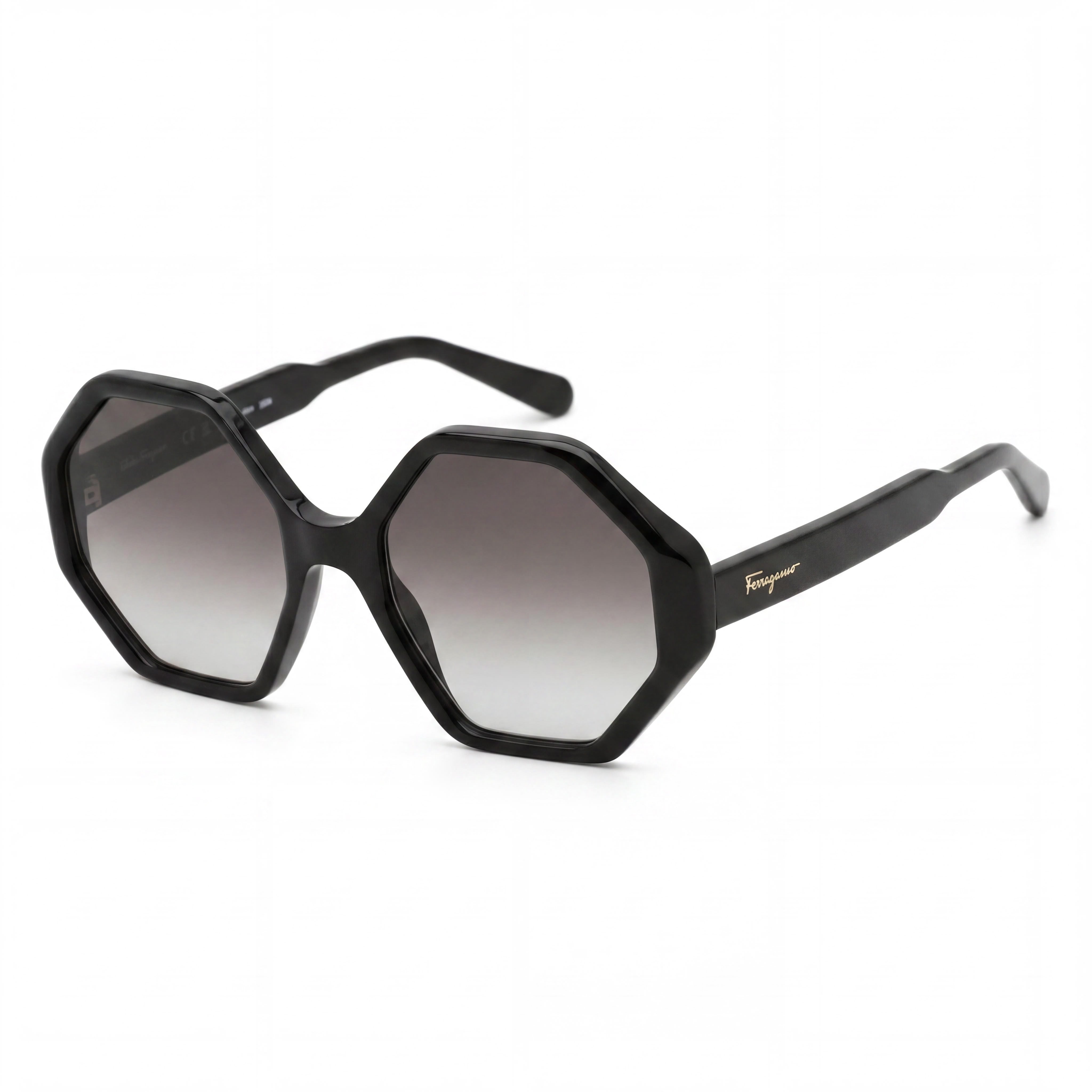 Salvatore Ferragamo SF1070S Women's Black Acetate Hexagonal Grey Gradient 100% UV Protection Sunglasses 55mm, Photo 1