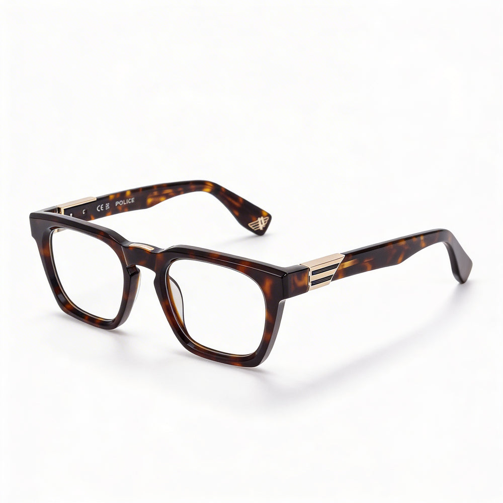 Police Casual Men's Shiny Black Acetate Eyeglass Frames with Demo Lenses, 51mm Lens Width, 145mm Bridge