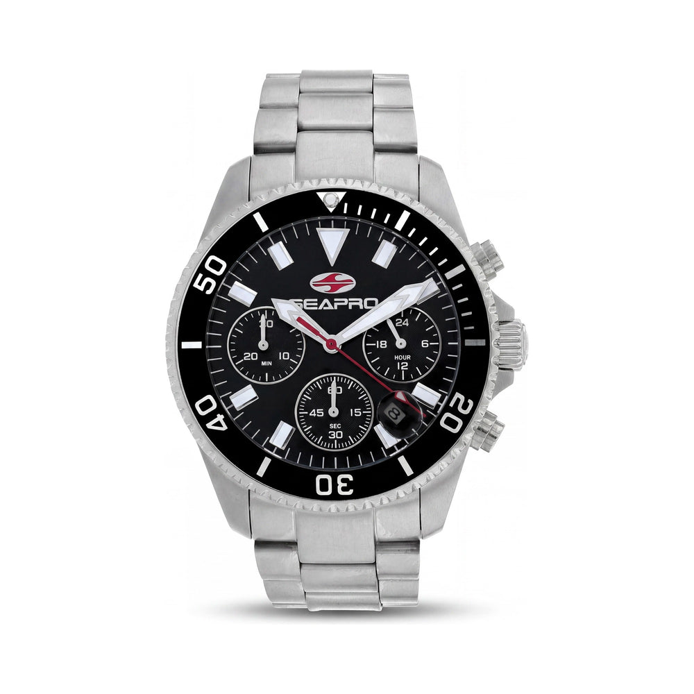 Reloj Seapro para hombre con movimiento de cuarzo, esfera negra, caja de acero inoxidable, brazalete de acero inoxidable, resistente al agua.