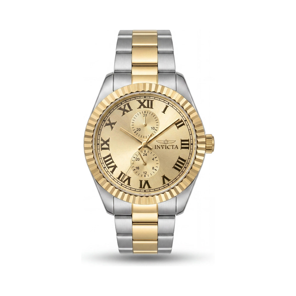 Reloj unisex Invicta Specialty 47428 de 43 mm con correa de acero inoxidable en tono plateado y esfera dorada.