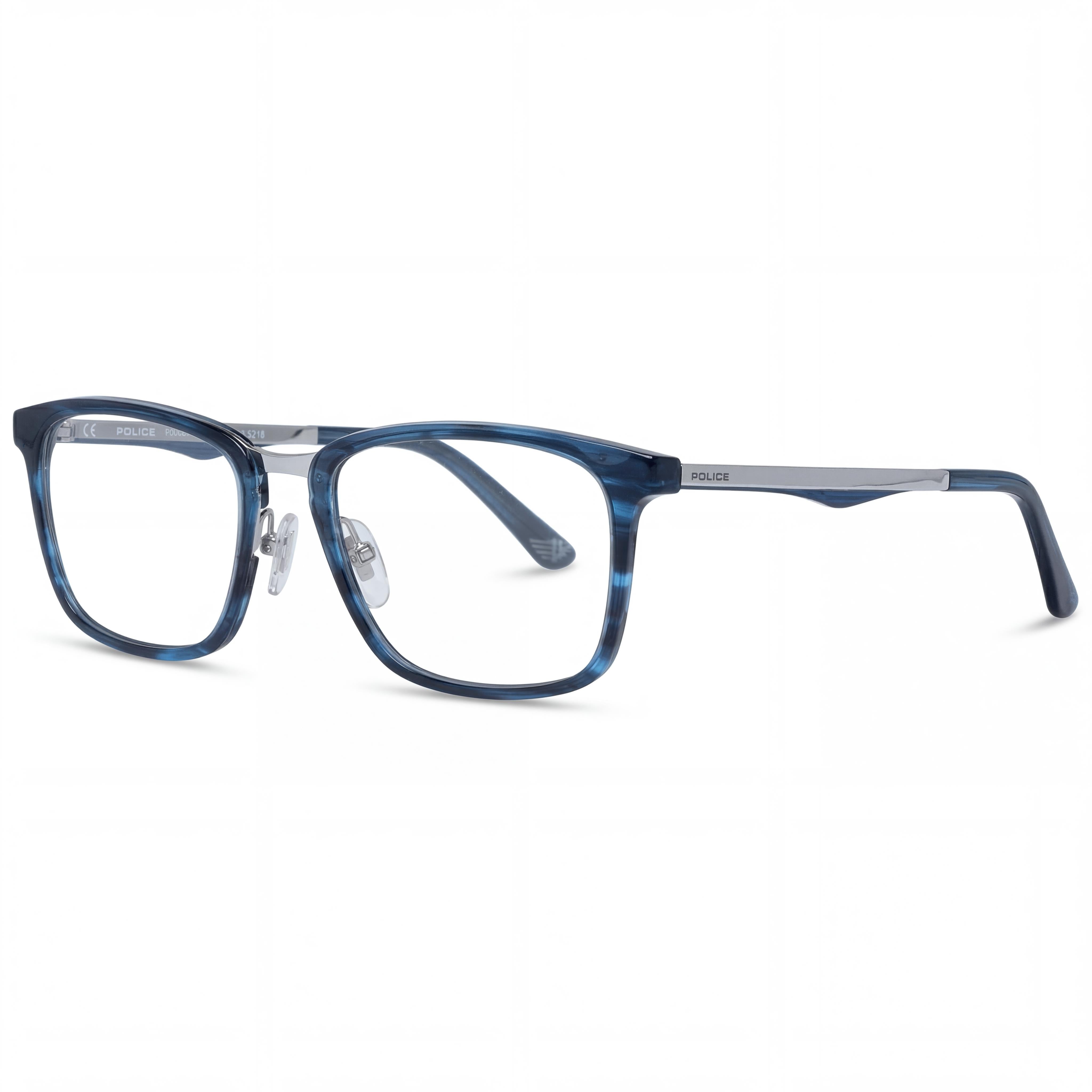 Police Modern Unisex Eyeglasses with Acetate & Metal Frame in Marble Blue, Silver 52-18-140, Photo 1