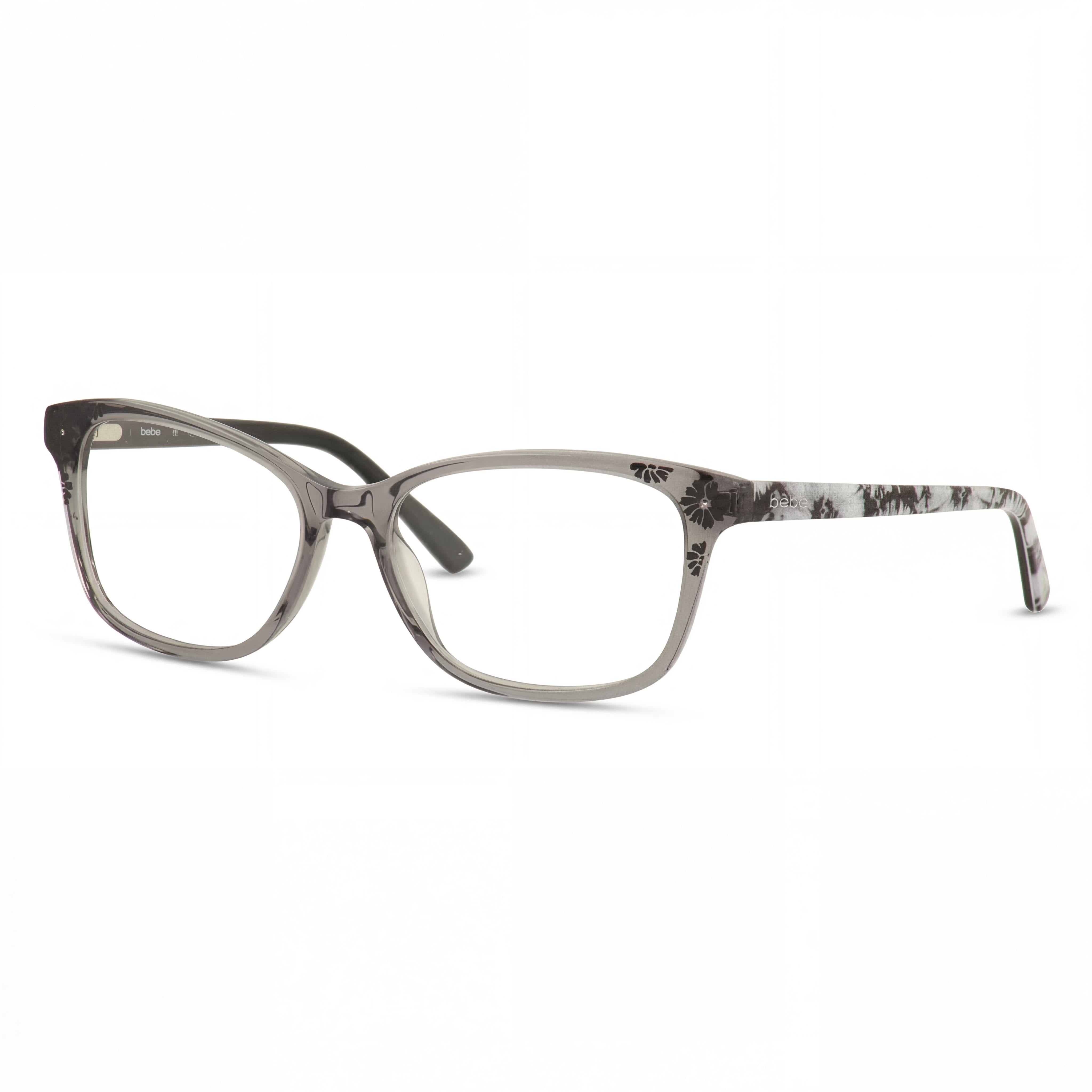 bebe BB5163 Women's Cat Eye Full Rim Plastic Eyeglasses with Clear Plastic Lenses, Grey Crystal Floral Frame 55mm, Photo 1