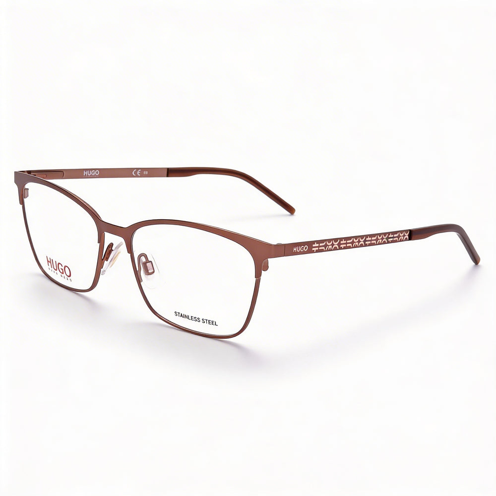 Gafas Hugo Boss de mujer efecto ojo de gato de acero aleado marrón mate, ancho de lente 54 mm, ancho de puente 16 mm, largo de patilla 145 mm